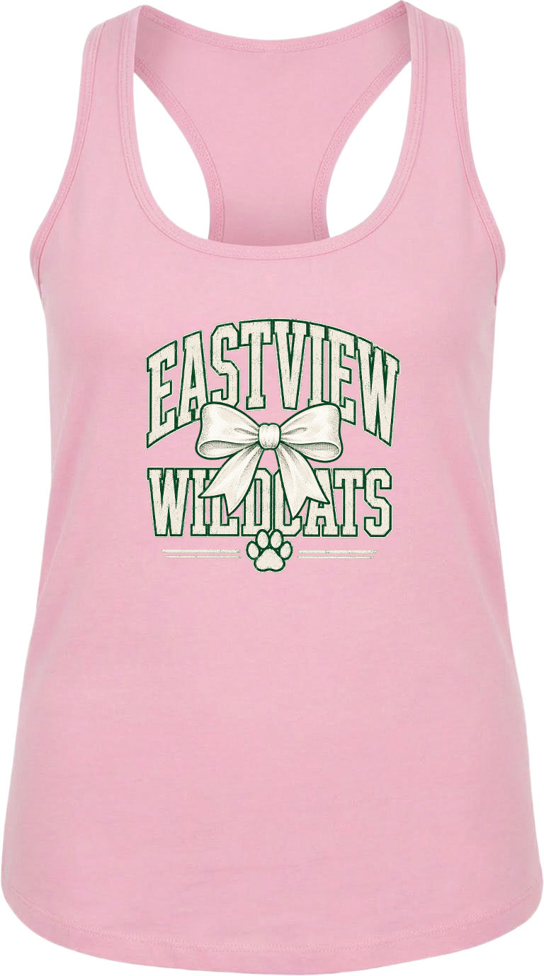 A pink tank top with the text "EASTVIEW WILDCATS" printed on it, along with a bow and paw prints.