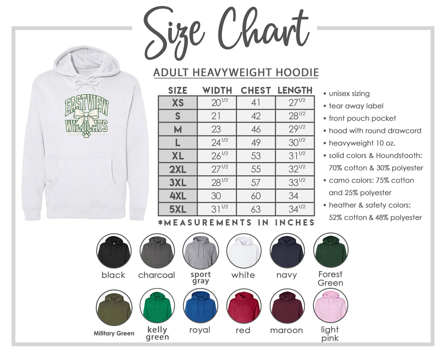 The image is a size chart for an adult heavyweight hoodie, including various color options and measurements in inches.