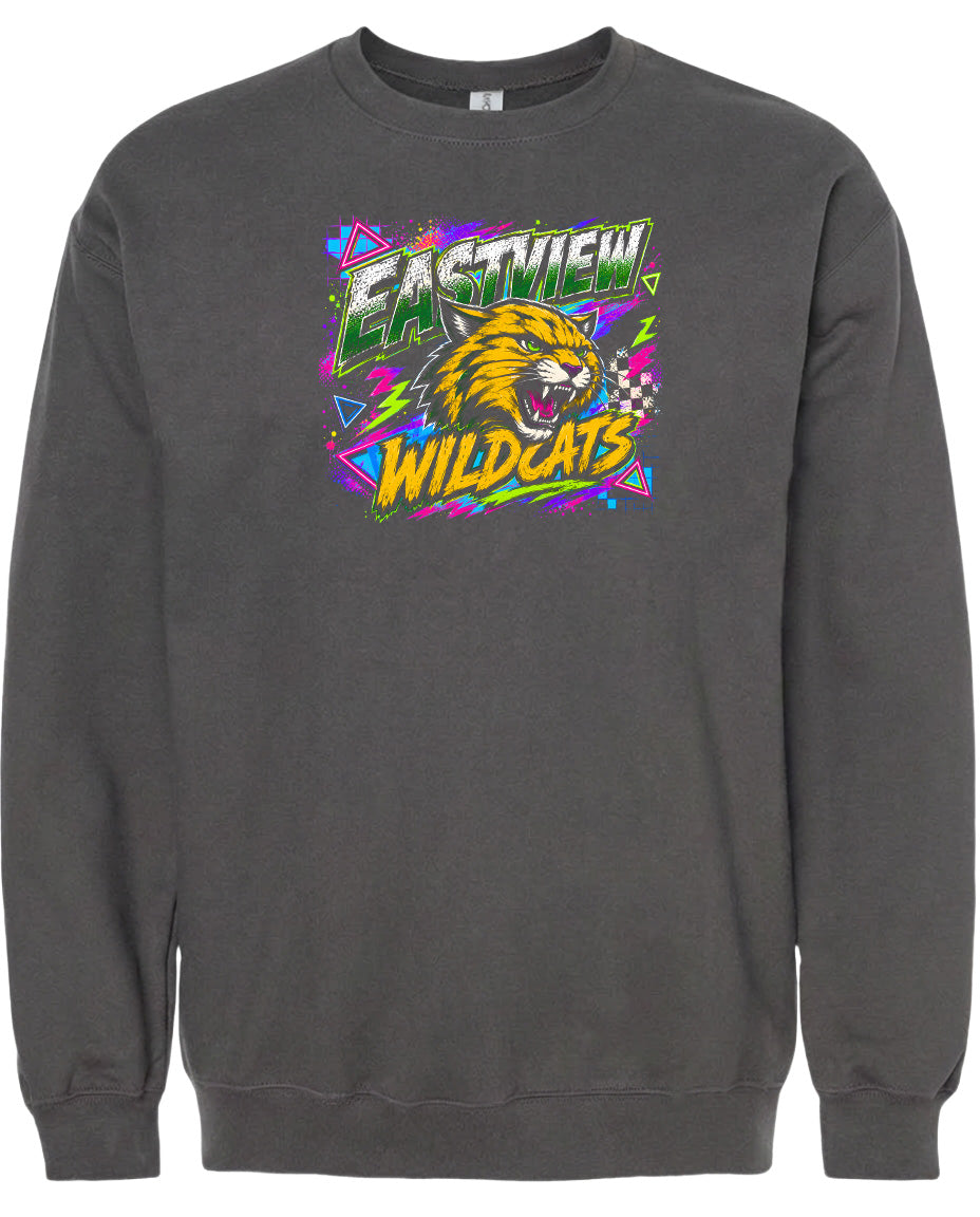 A gray sweatshirt with a graphic design featuring a fierce-looking cat and the text "EASTVIEW WILDCATS" in a colorful, retro-style font.