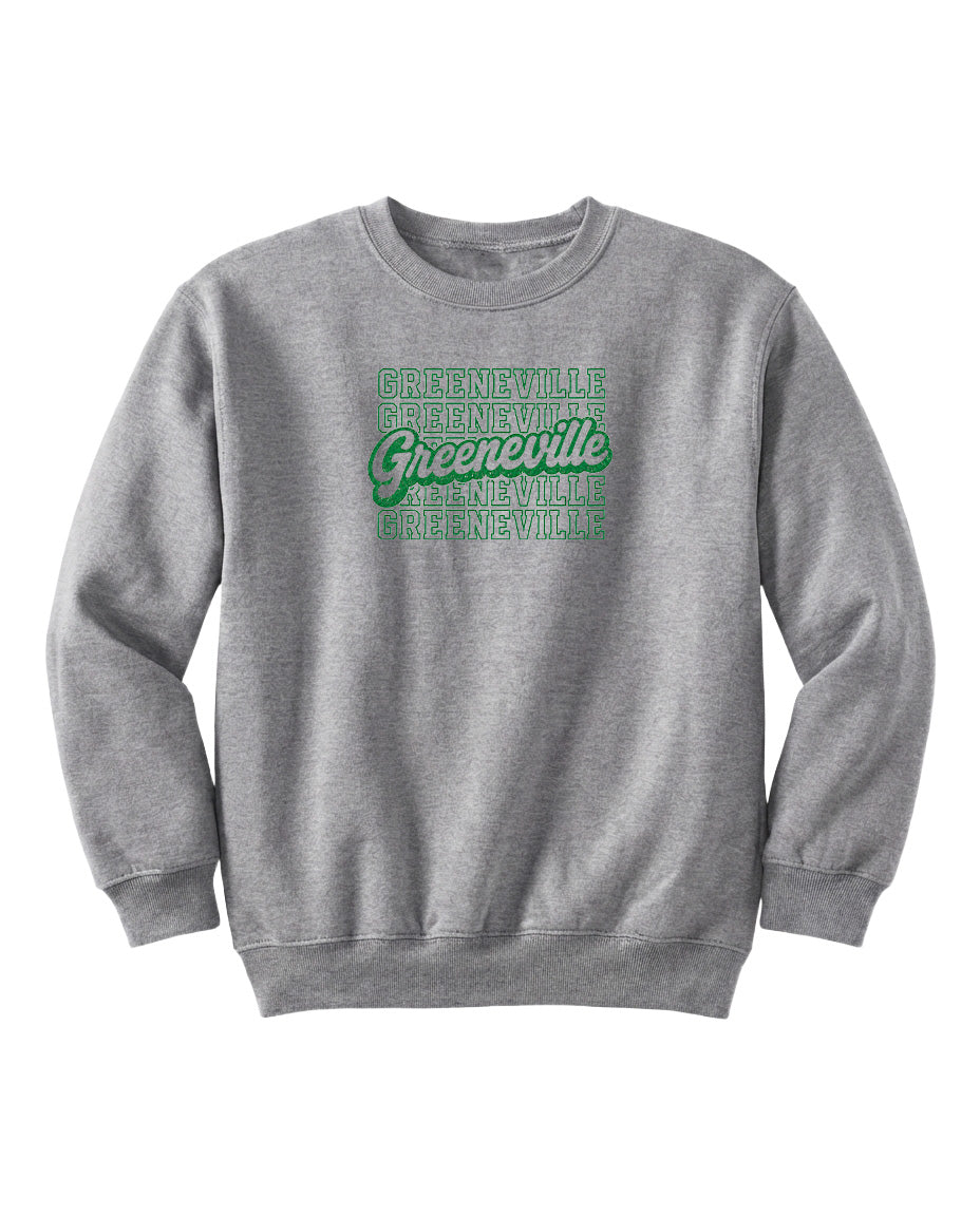 A gray sweatshirt with the text "Greeneville" printed in green on the front.
