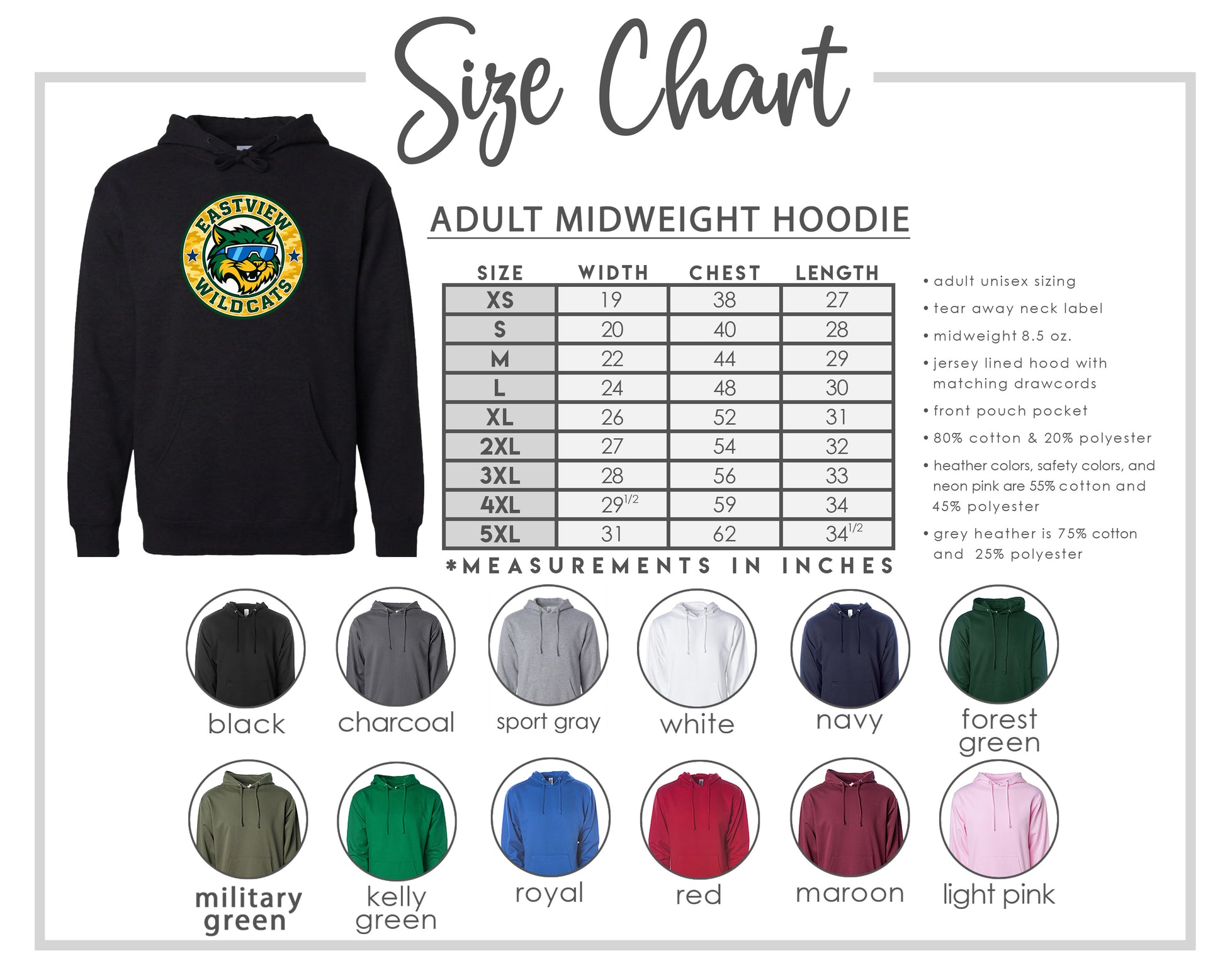 The image is a size chart for an adult midweight hoodie, including various color options and corresponding measurements in inches.
