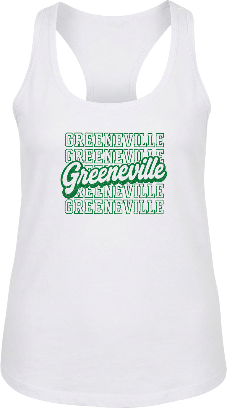 A white tank top with the text "GREENVILLE" printed in green and white on it.
