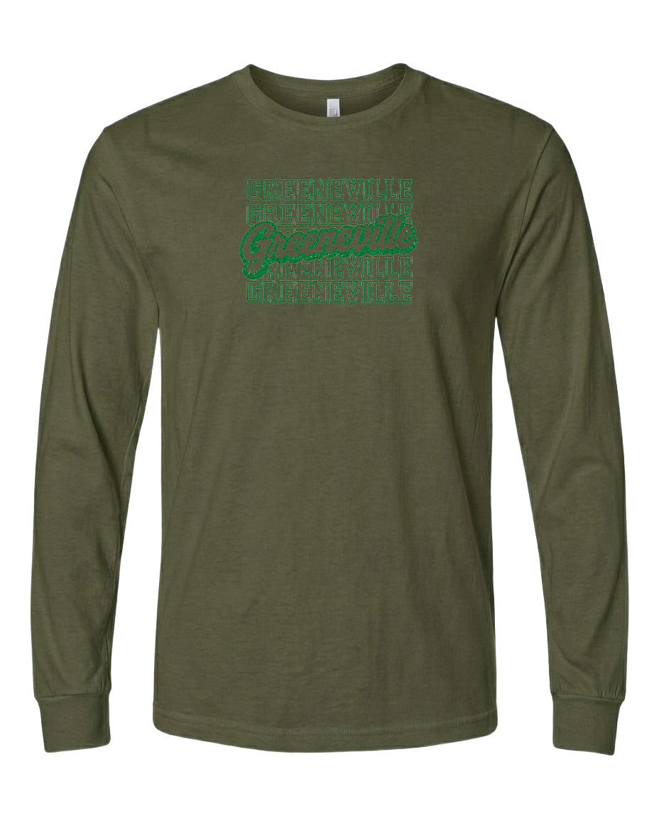 A long-sleeved olive green t-shirt with a graphic design on the front.