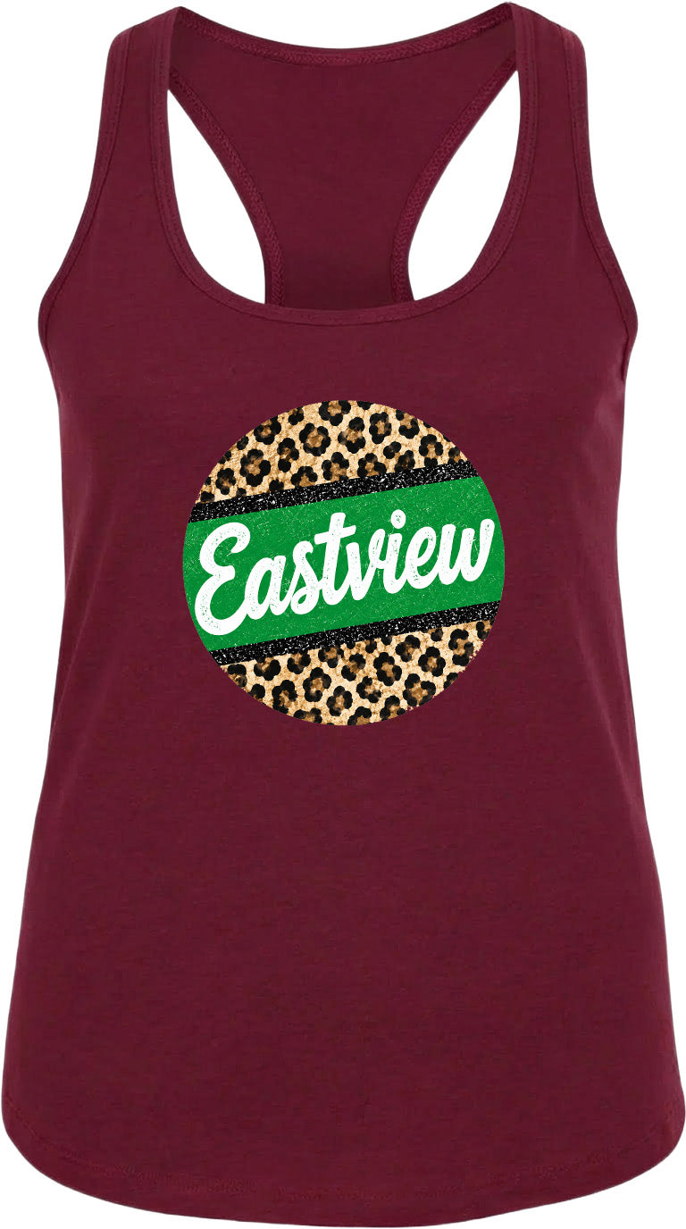 A burgundy tank top with a leopard print design and the word "Eastview" printed on it.