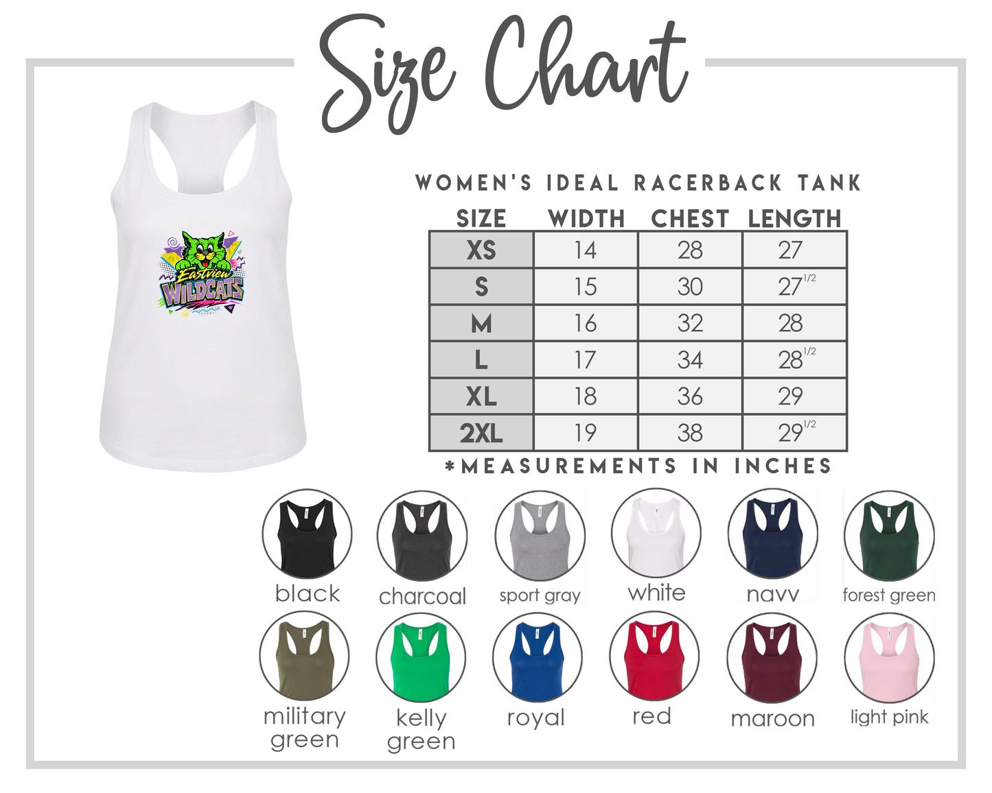 The image is a size chart for a women's ideal racerback tank, including a white tank with a graphic and a table with size and color options.
