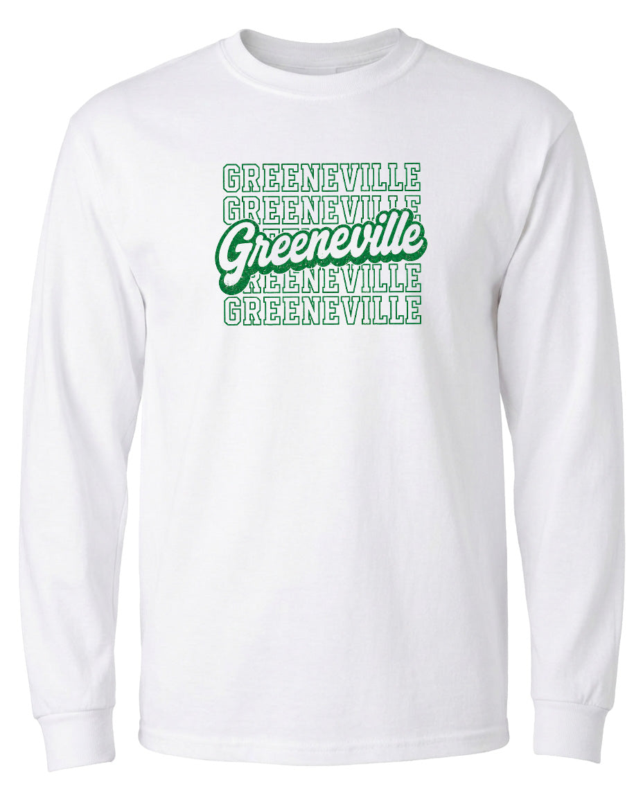 A white long-sleeved t-shirt with a graphic design featuring the text "Greeneville" in green and white.