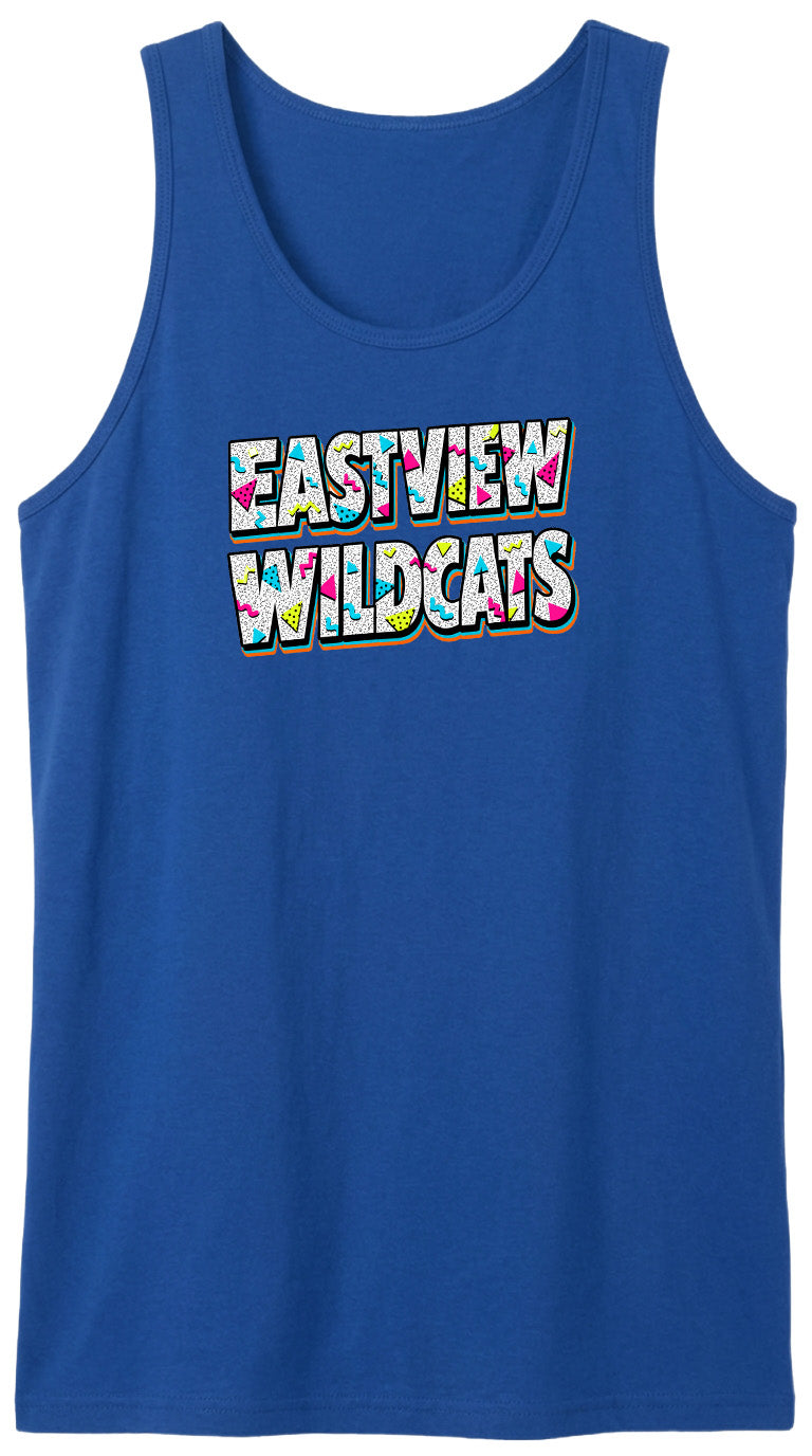 A blue tank top with the text "EASTVIEW WILDCATS" printed on it.