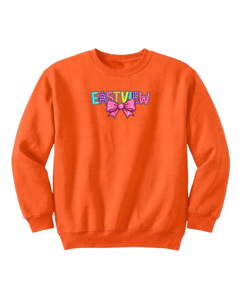 An orange sweatshirt with the word "EASTVIEW" printed on it, along with a bow design.