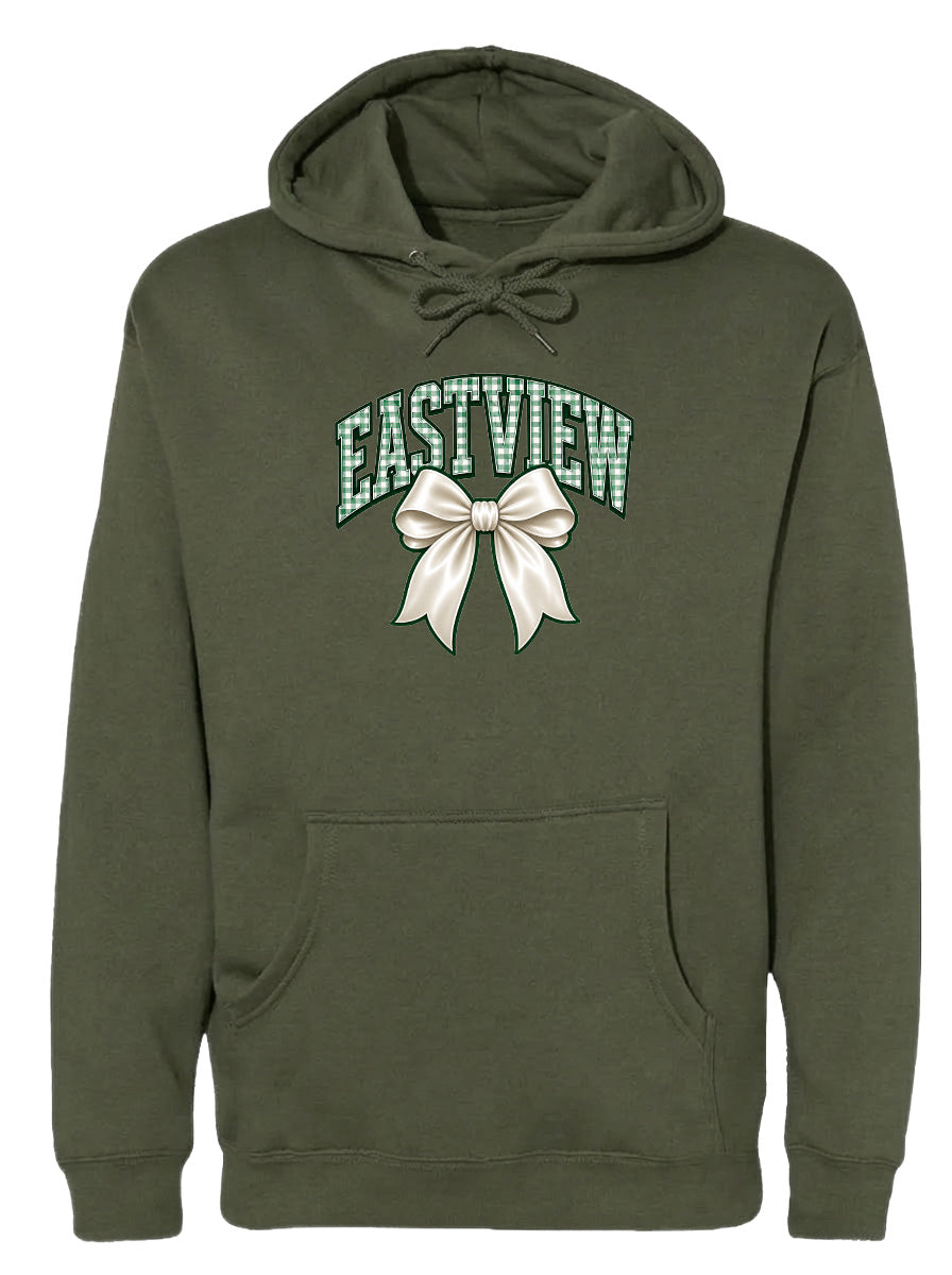 A dark green hoodie with a white bow on the front.