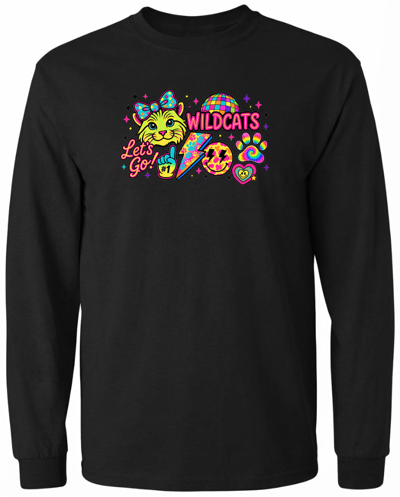 A black long-sleeved shirt with a colorful graphic design featuring a cartoon cat, a lightning bolt, and various other icons.
