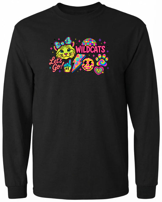 A black long-sleeved shirt with a colorful graphic design featuring a cartoon cat, a lightning bolt, and various other icons.