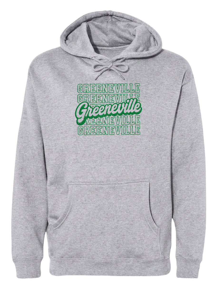 A gray hooded sweatshirt with a graphic design on the front.