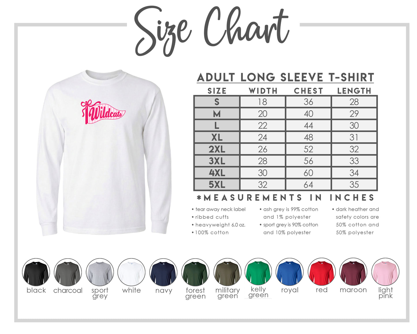 The image is a size chart for an adult long sleeve t-shirt, providing measurements and corresponding shirt colors.