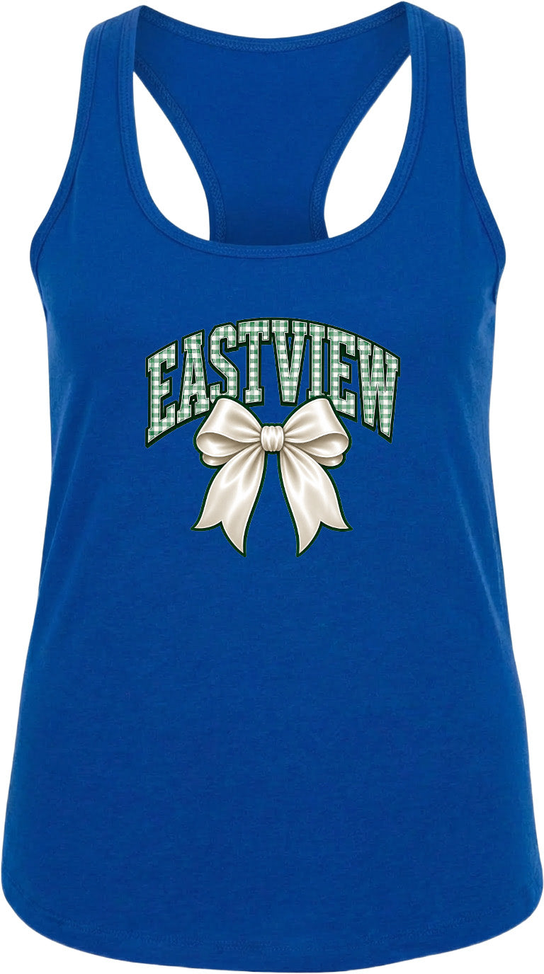 A blue tank top with a white bow and the text "EASTVIEW" printed on it.