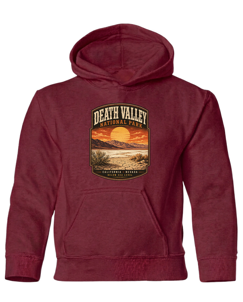 A burgundy-colored hooded sweatshirt with a graphic design depicting Death Valley National Park.