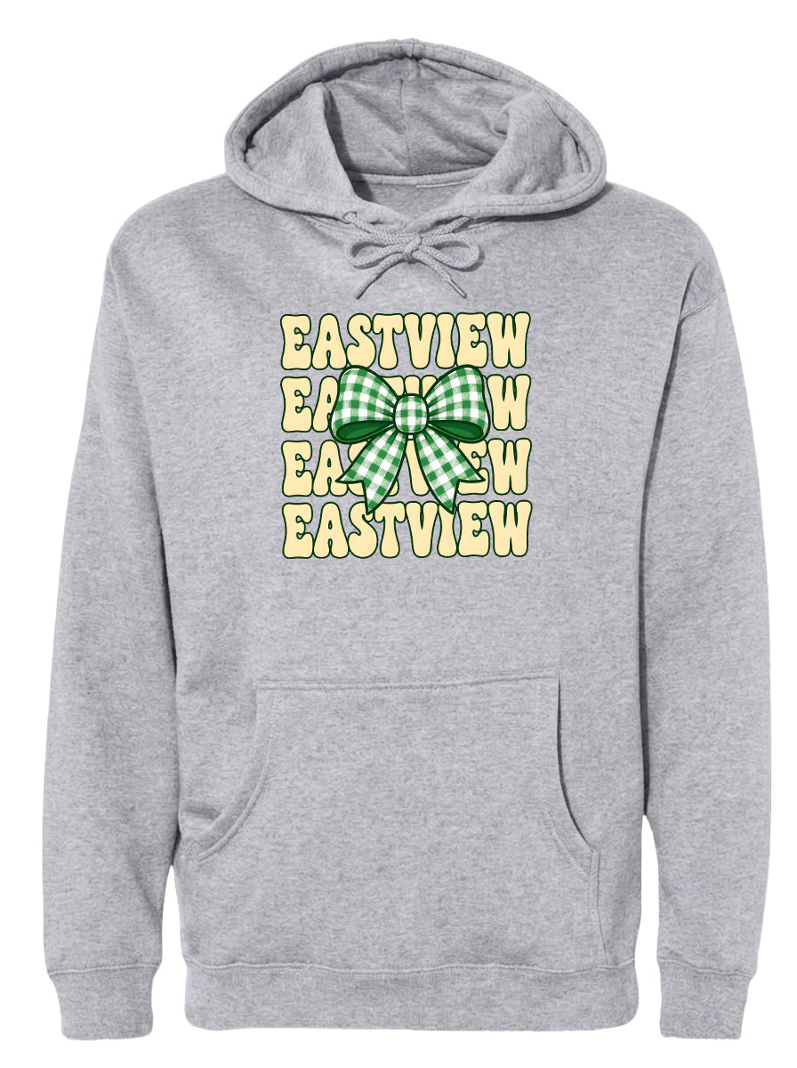 A gray hoodie with a graphic design featuring a green and white checkered bow on the front.