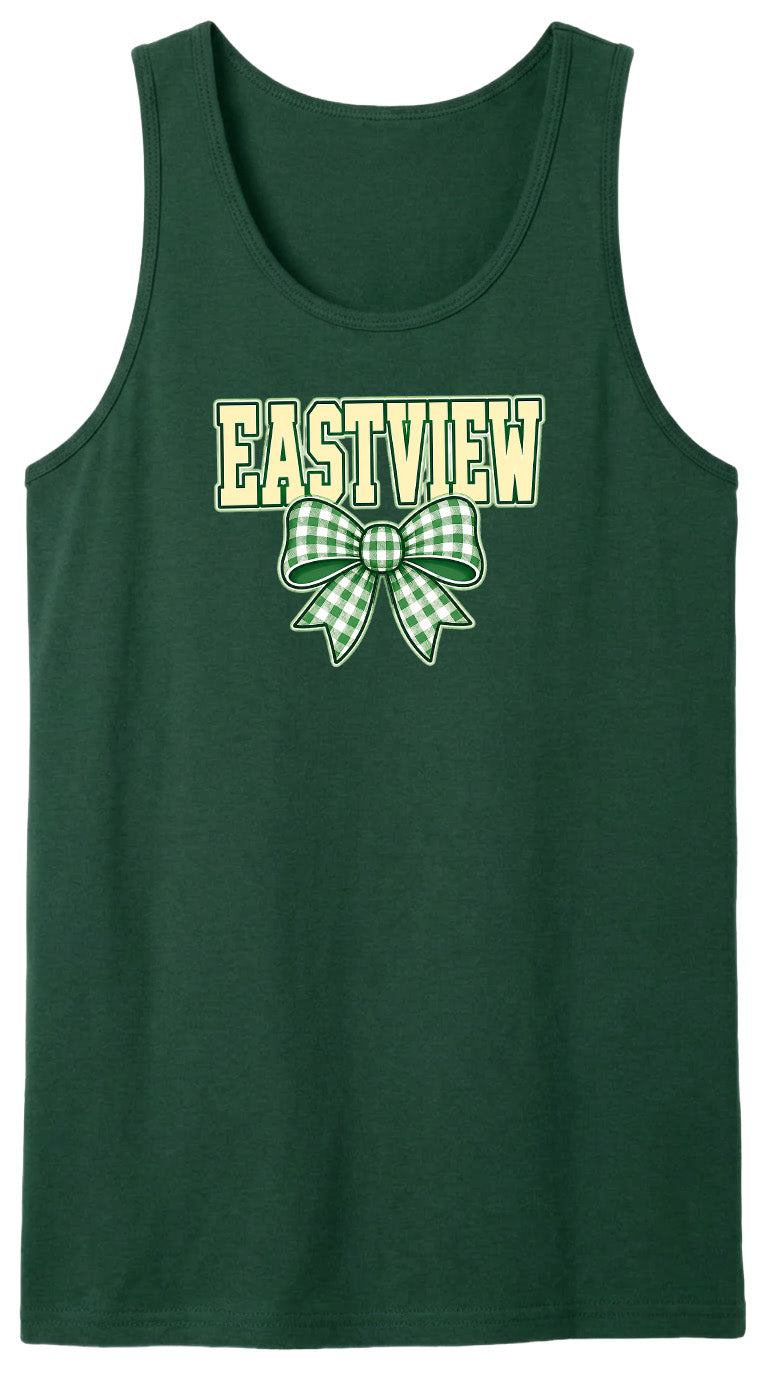 A green tank top with the word "EASTVIEW" printed on it, along with a bow graphic.