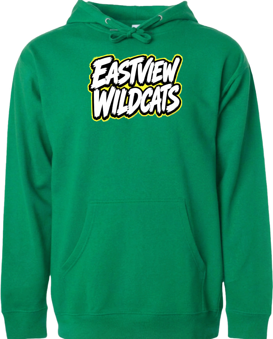 A bright green hoodie with the text "Eastview Wildcats" printed on it.