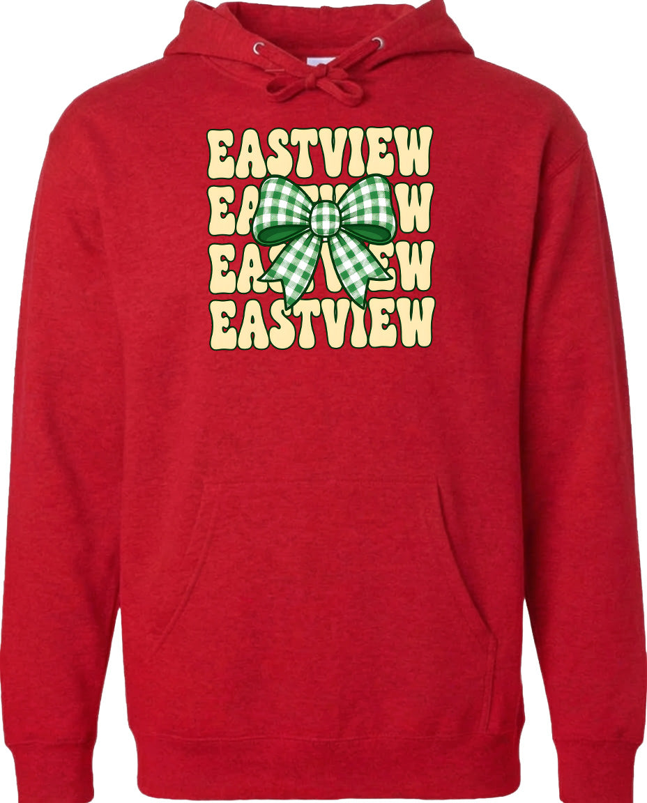A red hoodie with a graphic design featuring a green and white bow on the front.