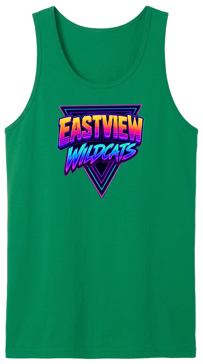 A green tank top with a graphic design featuring the text "EASTVIEW WILDCATS" in a retro style.