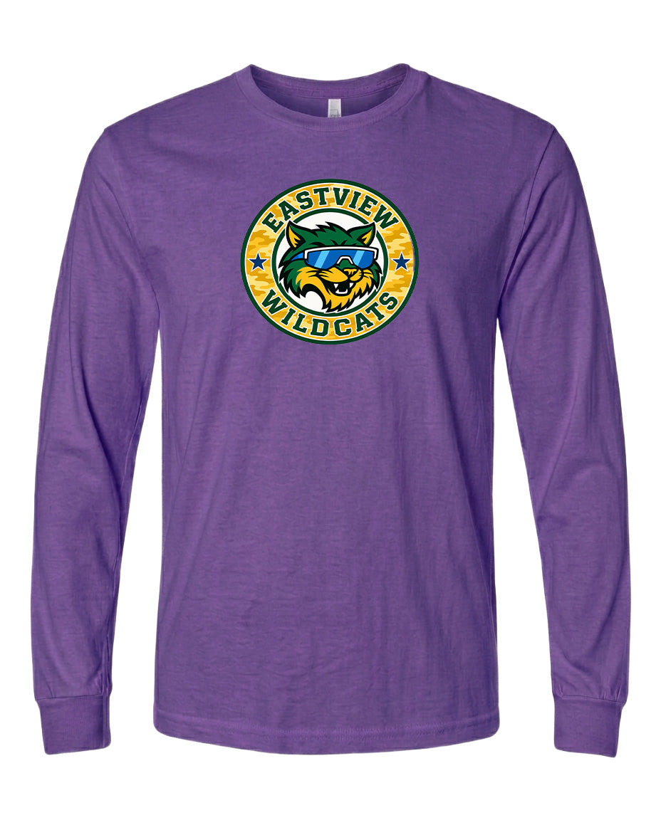 A purple long-sleeved t-shirt with a graphic design featuring a cartoon-like wildcat wearing sunglasses and the text "EASTVIEW WILDCATS" printed on it.