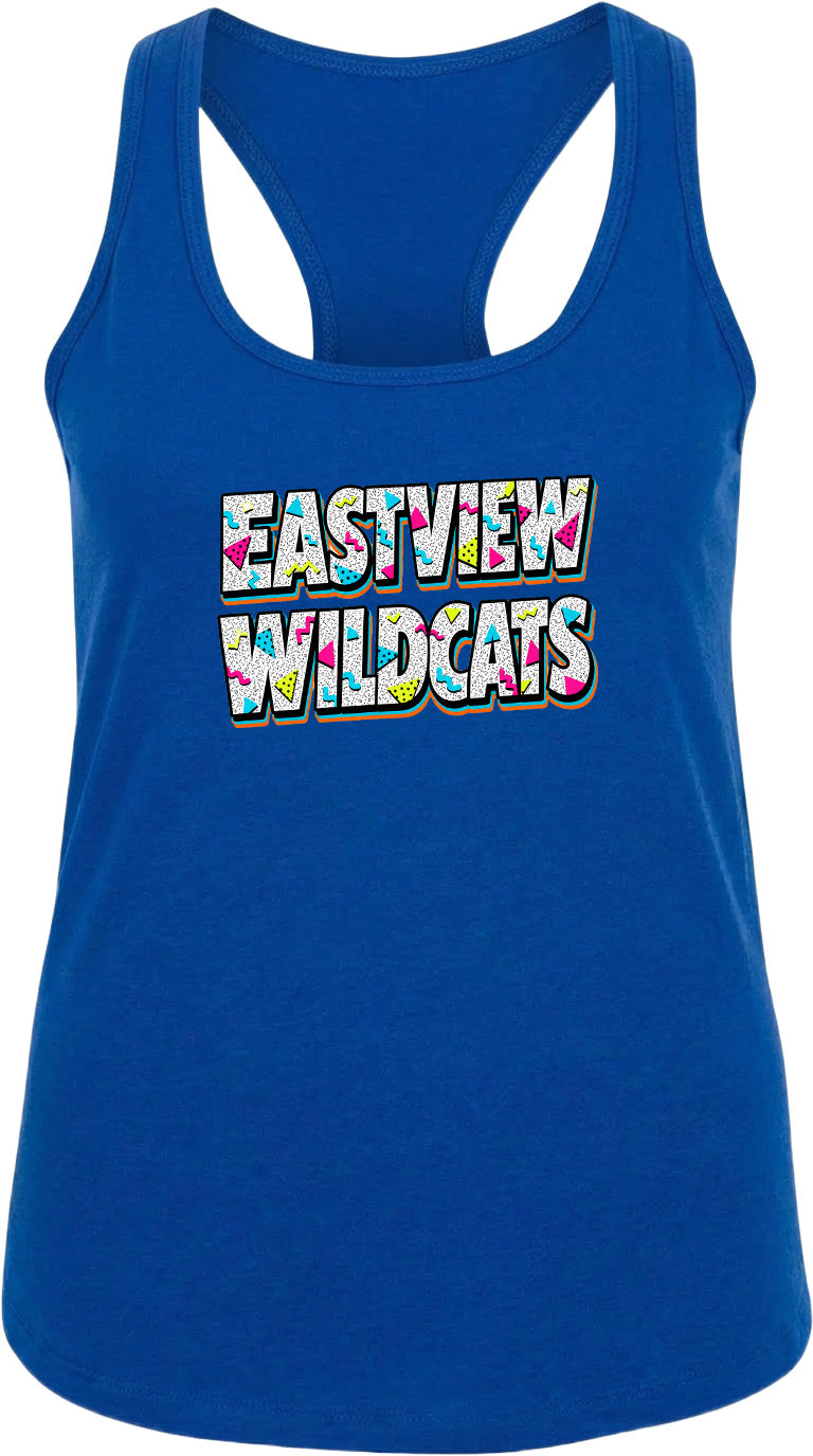 A blue tank top with the text "EASTVIEW WILDCATS" printed on it.