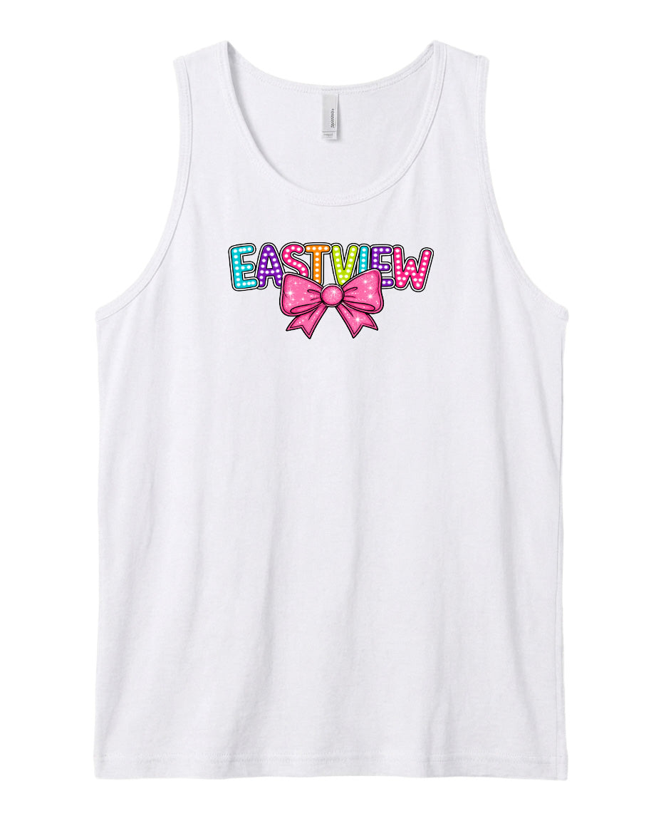 A white tank top with a colorful bow and the word "EASTVIEW" printed on it.