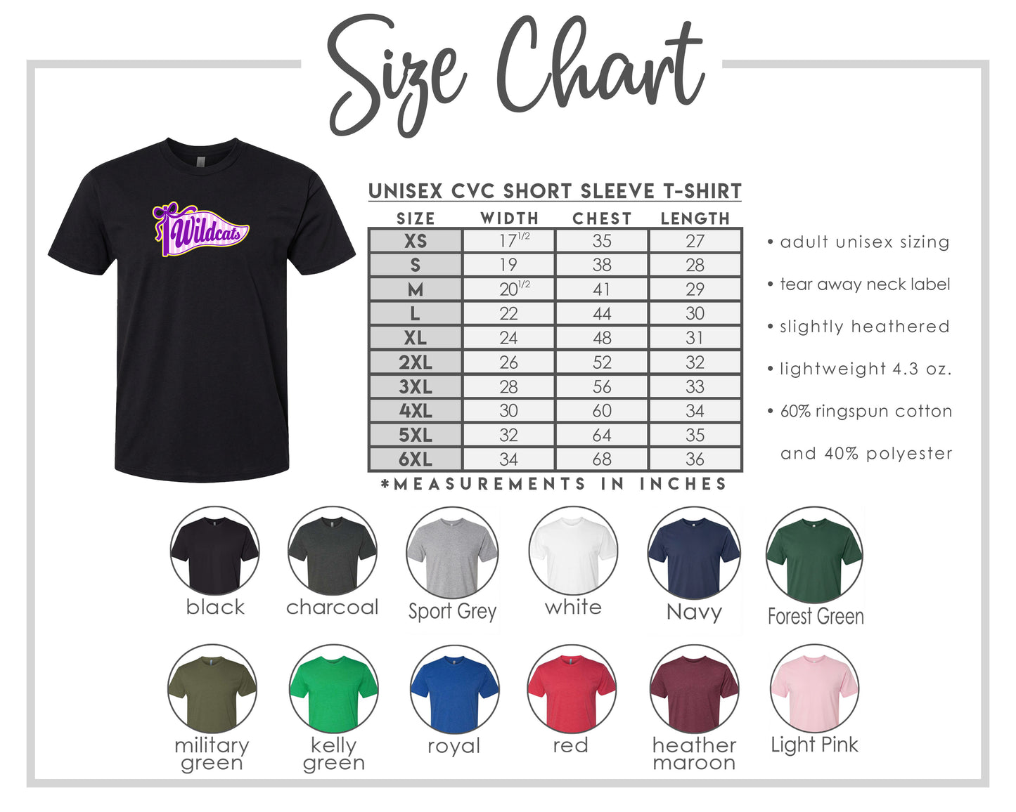 The image is a size chart for a short sleeve t-shirt, providing measurements for different sizes, including adult and child.
