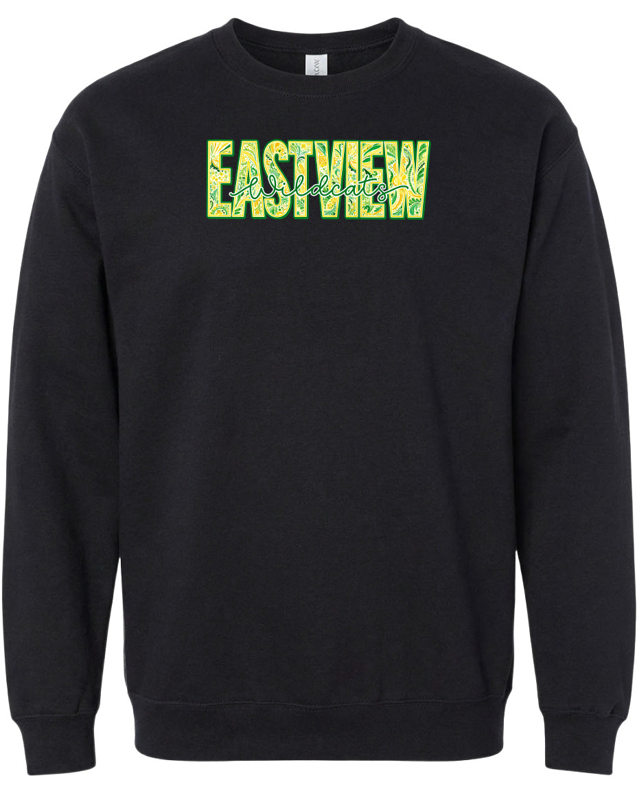 A black sweatshirt with the word "EASTVIEW" printed in yellow letters across the front.