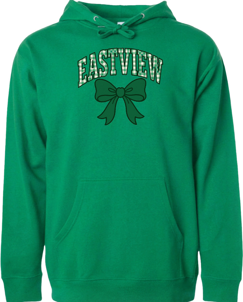 A bright green hoodie with a bow and the word "EASTVIEW" printed on it.