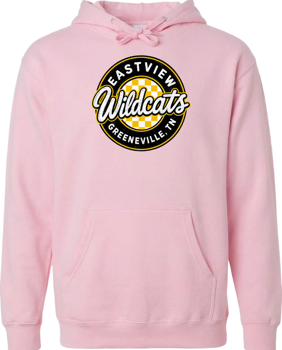 A pink hoodie with a logo on the front.