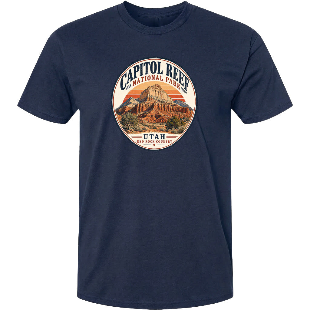 A navy blue t-shirt with a circular graphic design featuring the Capitol Reef National Park in Utah.