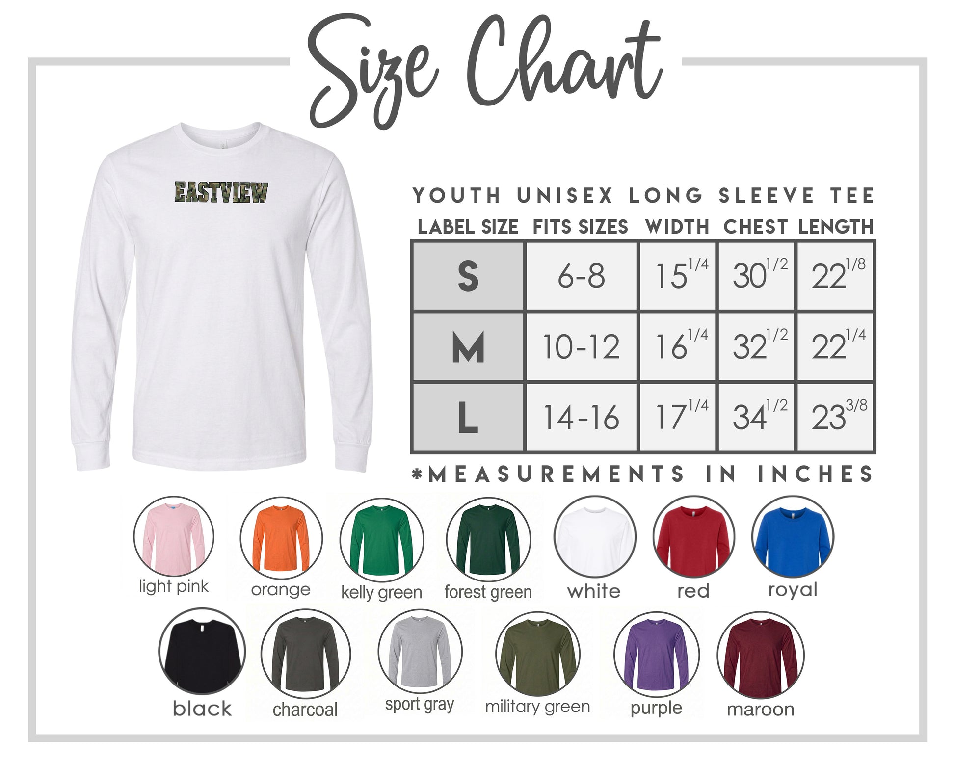 The image is a size chart for a youth unisex long sleeve tee, including various color options and corresponding measurements.