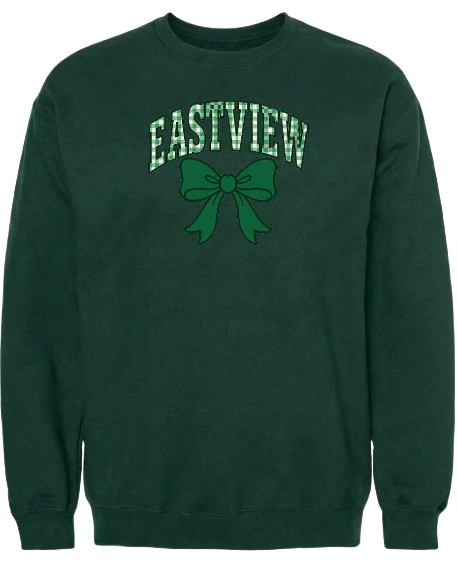 A dark green sweatshirt with a green bow and the word "EASTVIEW" printed on it.