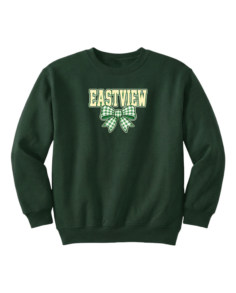 A dark green sweatshirt with a large green bow and the word "EASTVIEW" printed on it.
