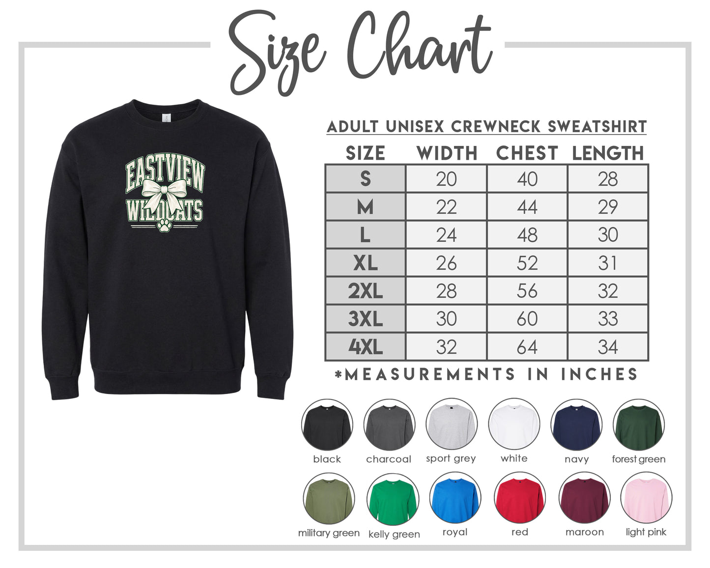 The image is a size chart for an adult unisex crewneck sweatshirt. It includes a black crewneck sweatshirt with the text "EASTVIEW WILDCATS" printed on it, along with a table of size measurements for different chest and waist sizes. The chart also includes a variety of color options for the sweatshirt, as well as a list of different styles and colors.