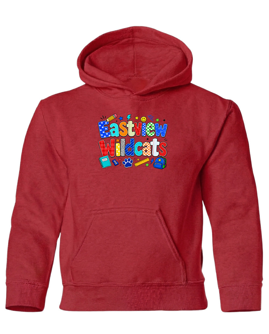 A red hoodie with a colorful graphic design featuring the text "Eastview Wildcats" and various school-related icons.