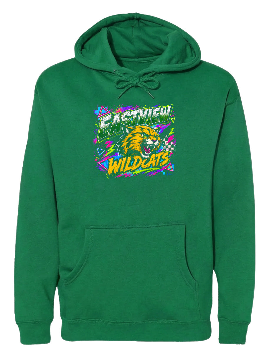 A green hoodie with a graphic design featuring a stylized wildcat's head and the text "EASTVIEW WILDCATS" printed on it.