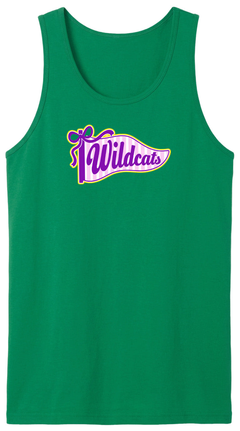 A green tank top with a purple and pink graphic design on it.