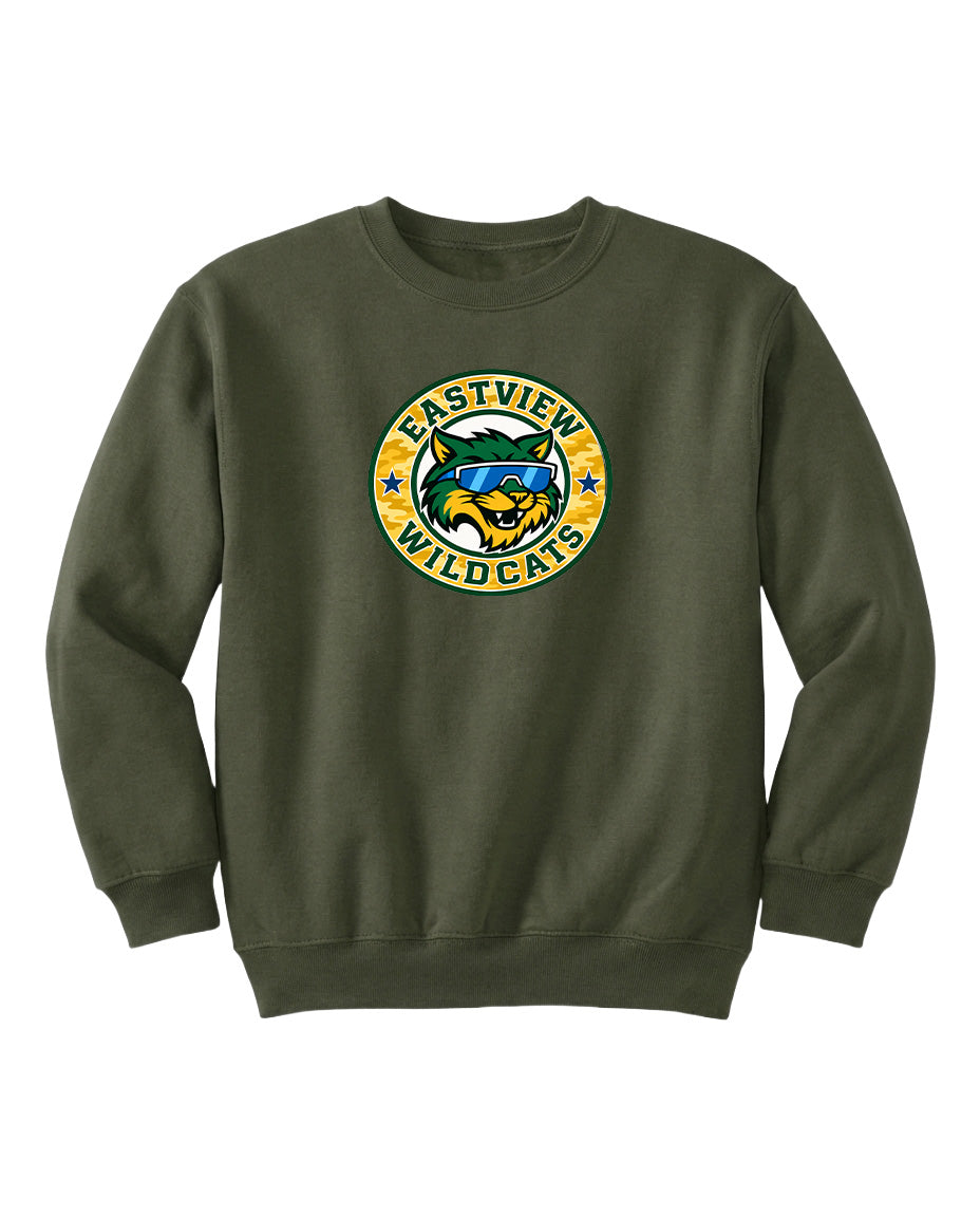 A dark green sweatshirt with a logo on the front.