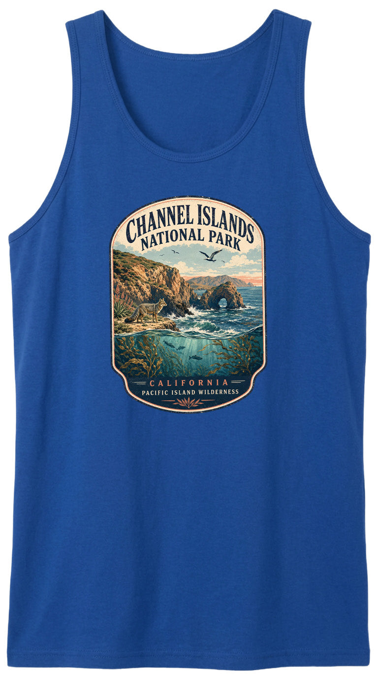 A blue tank top with a graphic design depicting a scenic landscape with a body of water, mountains, and a bridge.