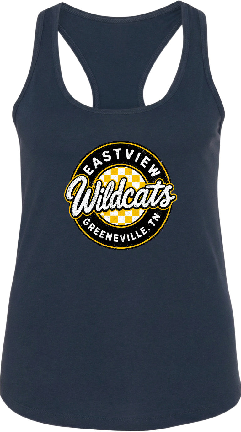 A navy blue tank top with a graphic design featuring the text "EASTVIEW Wildcats" and "Greeneville, TN" printed on it.