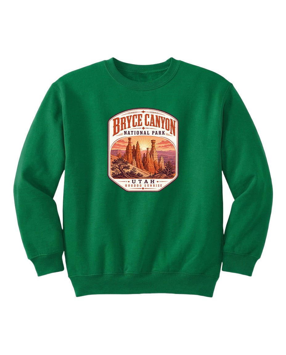 A green sweatshirt with a graphic of Bryce Canyon National Park and the text "UTAH SUNSHINE" printed on it.