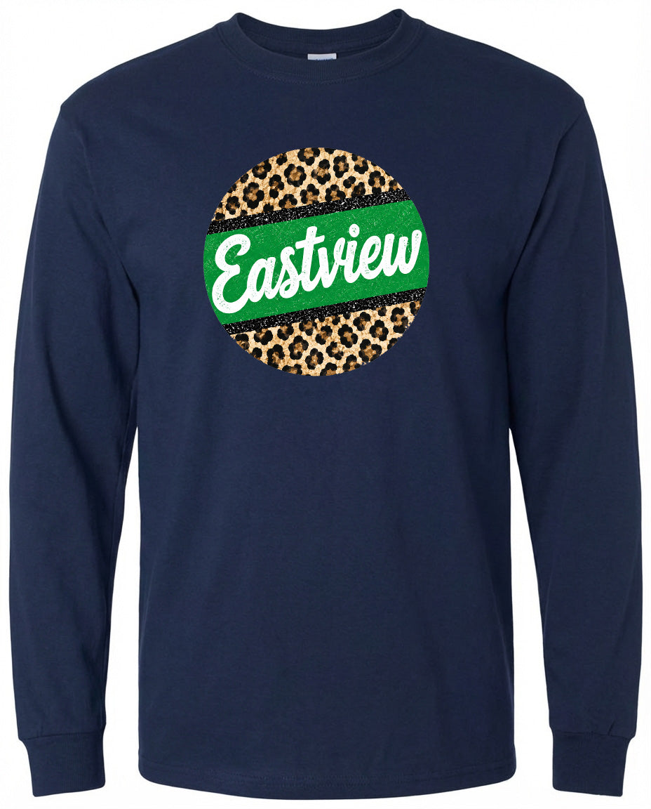 A navy blue long-sleeved shirt with a circular logo on the front. The logo features a leopard print design with a green stripe around it.