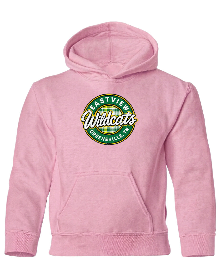 A pink hoodie with a logo on the front.