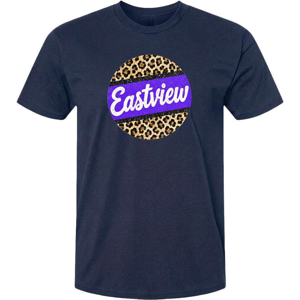 A navy blue t-shirt with a circular graphic design featuring a leopard print pattern and the word "Eastview" written in white cursive text.