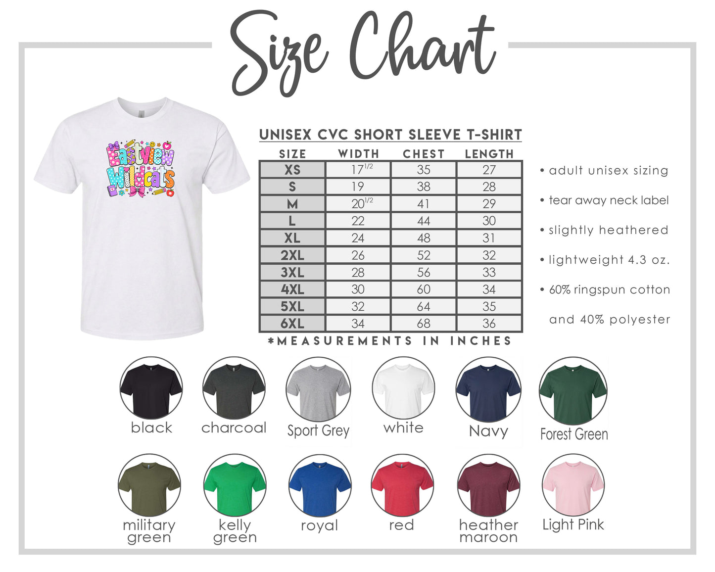 The image is a size chart for a white short sleeve t-shirt, including various color options and corresponding measurements in inches.