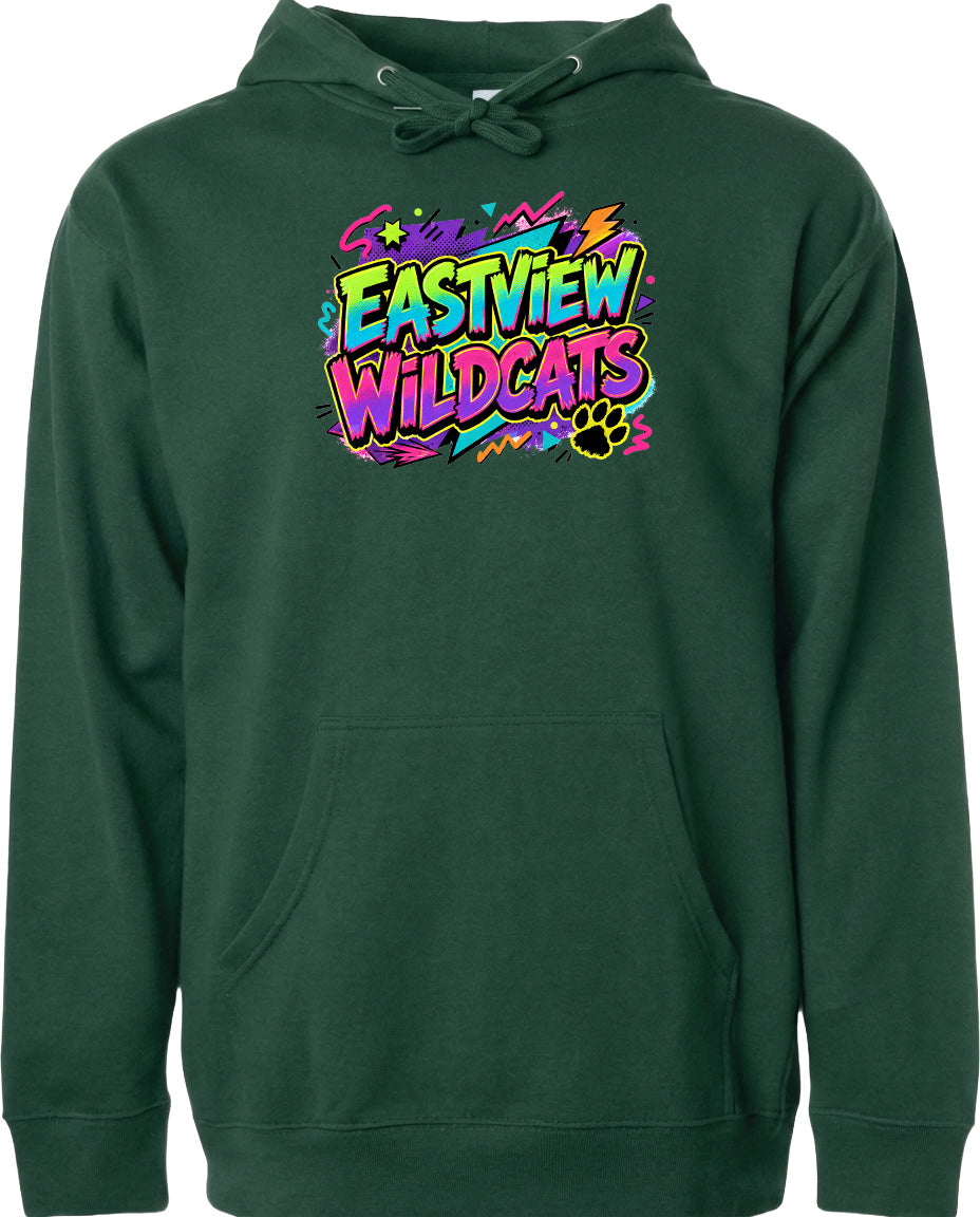 A green hoodie with a colorful graphic design featuring the text "EASTVIEW WILDCATS" and a paw print.