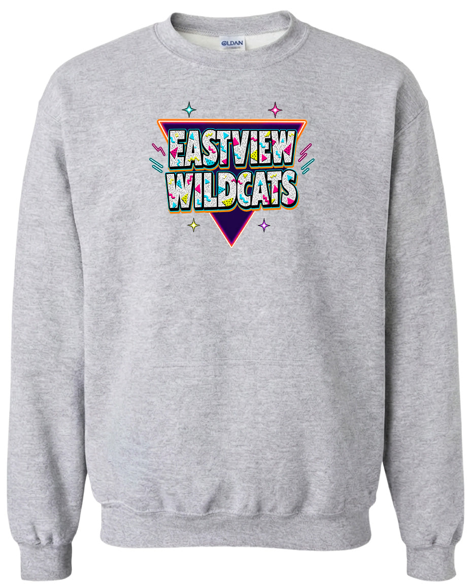 A gray sweatshirt with a colorful graphic design featuring the text "EASTVIEW WILDCATS" in a stylized font.