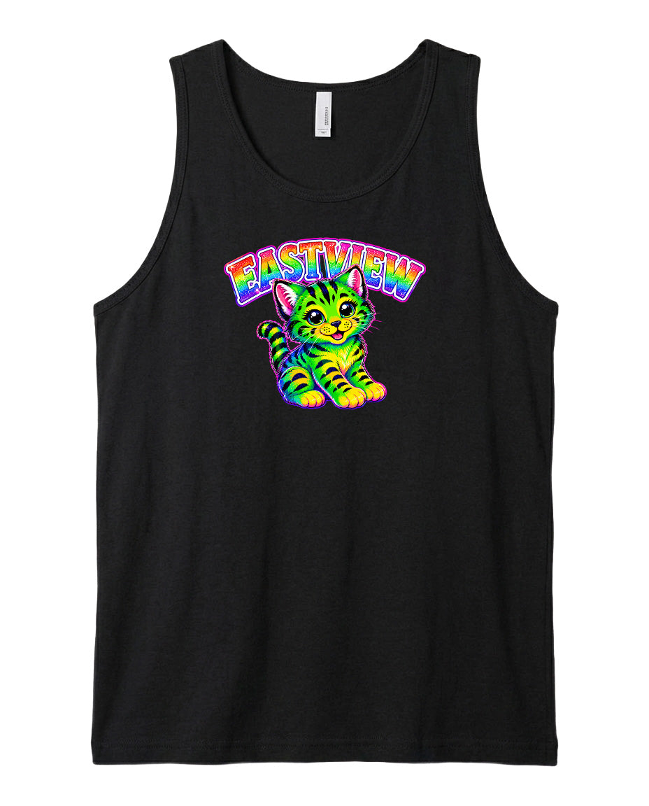A black tank top with a colorful graphic of a cat and the text "EASYVIEW" printed on it.